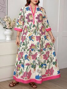 Comfylo Plus Size Women's Floral Print Cutout V-Neck 3/4 Sleeve Vacation Dress Fall - Multicolor - View 6
