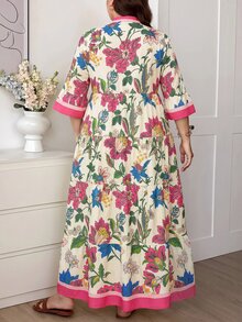 Comfylo Plus Size Women's Floral Print Cutout V-Neck 3/4 Sleeve Vacation Dress Fall - Multicolor - View 2