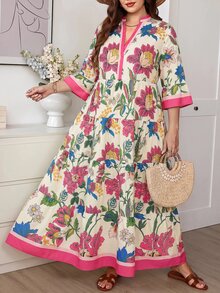 Comfylo Plus Size Women's Floral Print Cutout V-Neck 3/4 Sleeve Vacation Dress Fall - Multicolor - View 5