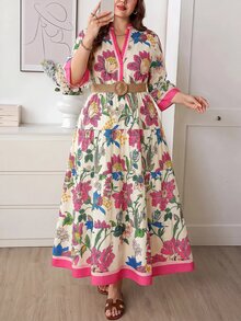 Comfylo Plus Size Women's Floral Print Cutout V-Neck 3/4 Sleeve Vacation Dress Fall - Multicolor - View 3