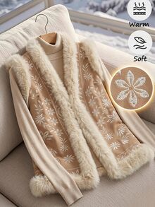 SHEIN Clasi Embroidered Patchwork With Furry Collar Retro Cottage Core Vintage Boho Jacket, Autumn/Winter Fall Travel Vacation Cream White - Brown - View 12