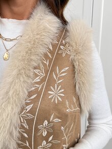 SHEIN Clasi Embroidered Patchwork With Furry Collar Retro Cottage Core Vintage Boho Jacket, Autumn/Winter Fall Travel Vacation Cream White - Brown - View 7