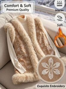 SHEIN Clasi Embroidered Patchwork With Furry Collar Retro Cottage Core Vintage Boho Jacket, Autumn/Winter Fall Travel Vacation Cream White - Brown - View 13