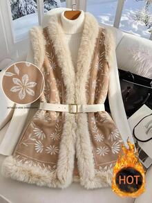 SHEIN Clasi Embroidered Patchwork With Furry Collar Retro Cottage Core Vintage Boho Jacket, Autumn/Winter Fall Travel Vacation Cream White - Brown - View 10