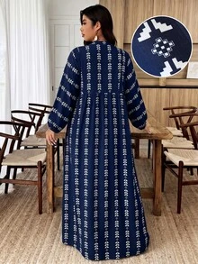 Weeklong Plus Size Olive Green Print V-Neck Button Tiered Maxi Dress, Boho Style For Vacation & Daily Wear Fall - Multicolor - View 2