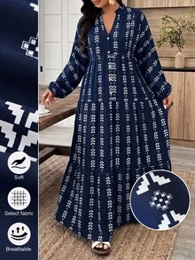 Weeklong Plus Size Olive Green Print V-Neck Button Tiered Maxi Dress, Boho Style For Vacation & Daily Wear Fall - Multicolor - View 1