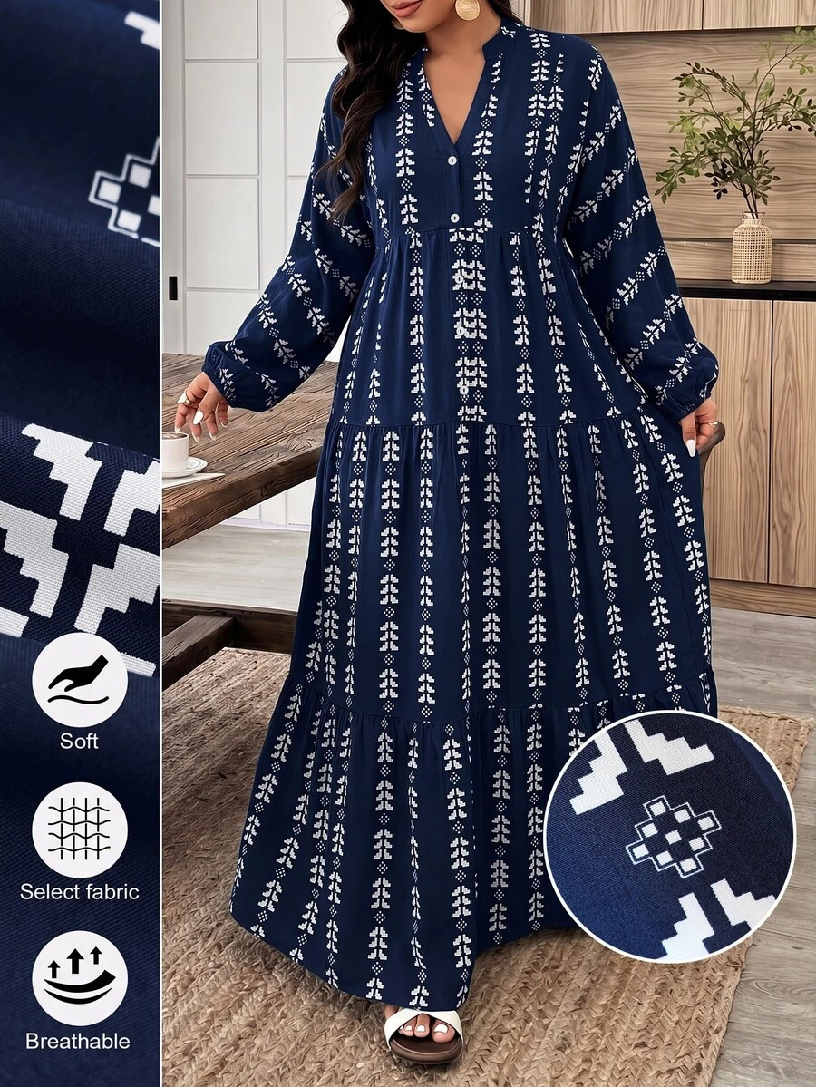 Weeklong Plus Size Olive Green Print V-Neck Button Tiered Maxi Dress, Boho Style For Vacation & Daily Wear Fall - Multicolor - View 1
