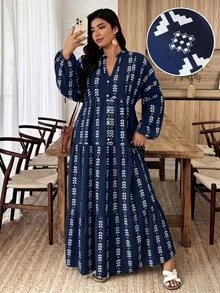 Weeklong Plus Size Olive Green Print V-Neck Button Tiered Maxi Dress, Boho Style For Vacation & Daily Wear Fall - Multicolor - View 7