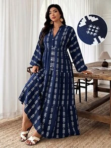 Weeklong Plus Size Olive Green Print V-Neck Button Tiered Maxi Dress, Boho Style For Vacation & Daily Wear Fall - Multicolor - View 6