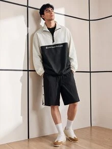Chillumni Loose Fit Men's Two Tone Letter Graphics Half Zip Coat - Black and White - View 3