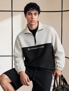Chillumni Loose Fit Men's Two Tone Letter Graphics Half Zip Coat - Black and White - View 1