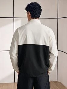Chillumni Loose Fit Men's Two Tone Letter Graphics Half Zip Coat - Black and White - View 2