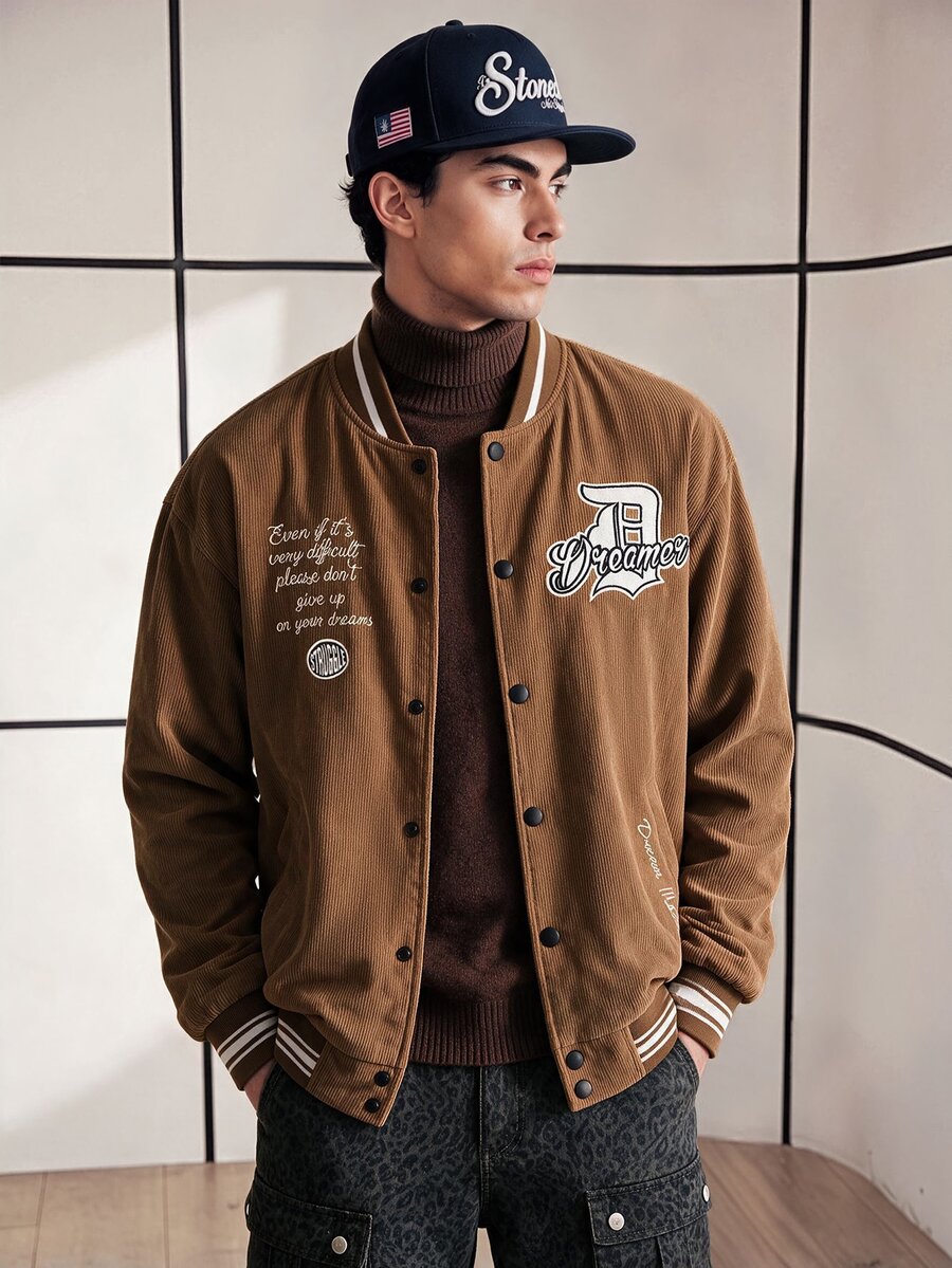 Chillumni Loose Men's Padded Coat With Embroidered Slogan Pattern And Striped Trimming - Khaki - View 1