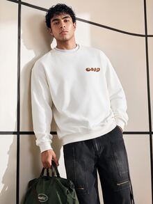 Chillumni Men Plus 1pc Slogan & Cartoon Graphic Thermal Lined Sweatshirt - White - View 3