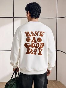 Chillumni Men Plus 1pc Slogan & Cartoon Graphic Thermal Lined Sweatshirt - White - View 2