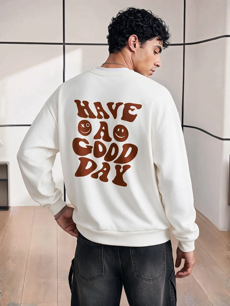 Chillumni Men Plus 1pc Slogan & Cartoon Graphic Thermal Lined Sweatshirt - White - View 1