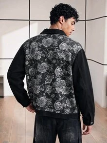 Chillumni Men's Black Autumn/Winter Washed  Loose Fit Jacquard Print Patchwork Black Rose Graphic Denim Jacket - Black - View 2