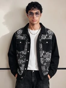 Chillumni Men's Black Autumn/Winter Washed  Loose Fit Jacquard Print Patchwork Black Rose Graphic Denim Jacket - Black - View 1