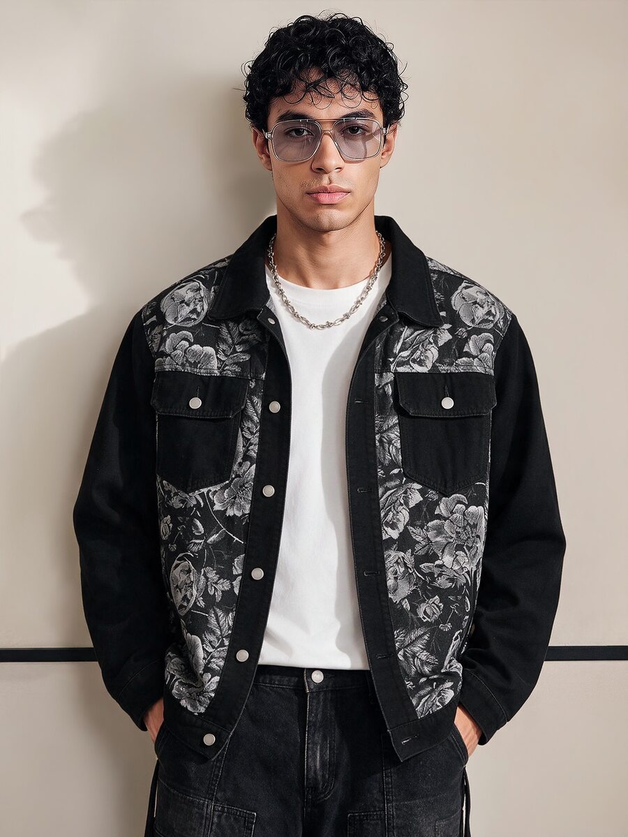 Chillumni Men's Black Autumn/Winter Washed Loose Fit Jacquard Print Patchwork Black Rose Graphic Denim Jacket - Black - View 1