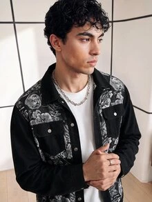 Chillumni Men's Black Autumn/Winter Washed  Loose Fit Jacquard Print Patchwork Black Rose Graphic Denim Jacket - Black - View 3