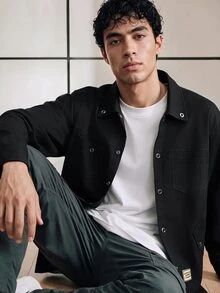 Chillumni Men's Button-Front Long Sleeve Casual Shacket With Letter Patch - Black - View 4