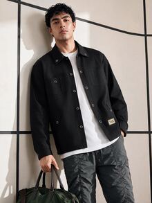 Chillumni Men's Button-Front Long Sleeve Casual Shacket With Letter Patch - Black - View 3