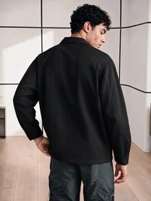 Chillumni Men's Button-Front Long Sleeve Casual Shacket With Letter Patch - Black - View 2