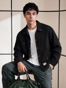 Chillumni Men's Button-Front Long Sleeve Casual Shacket With Letter Patch - Black - View 1