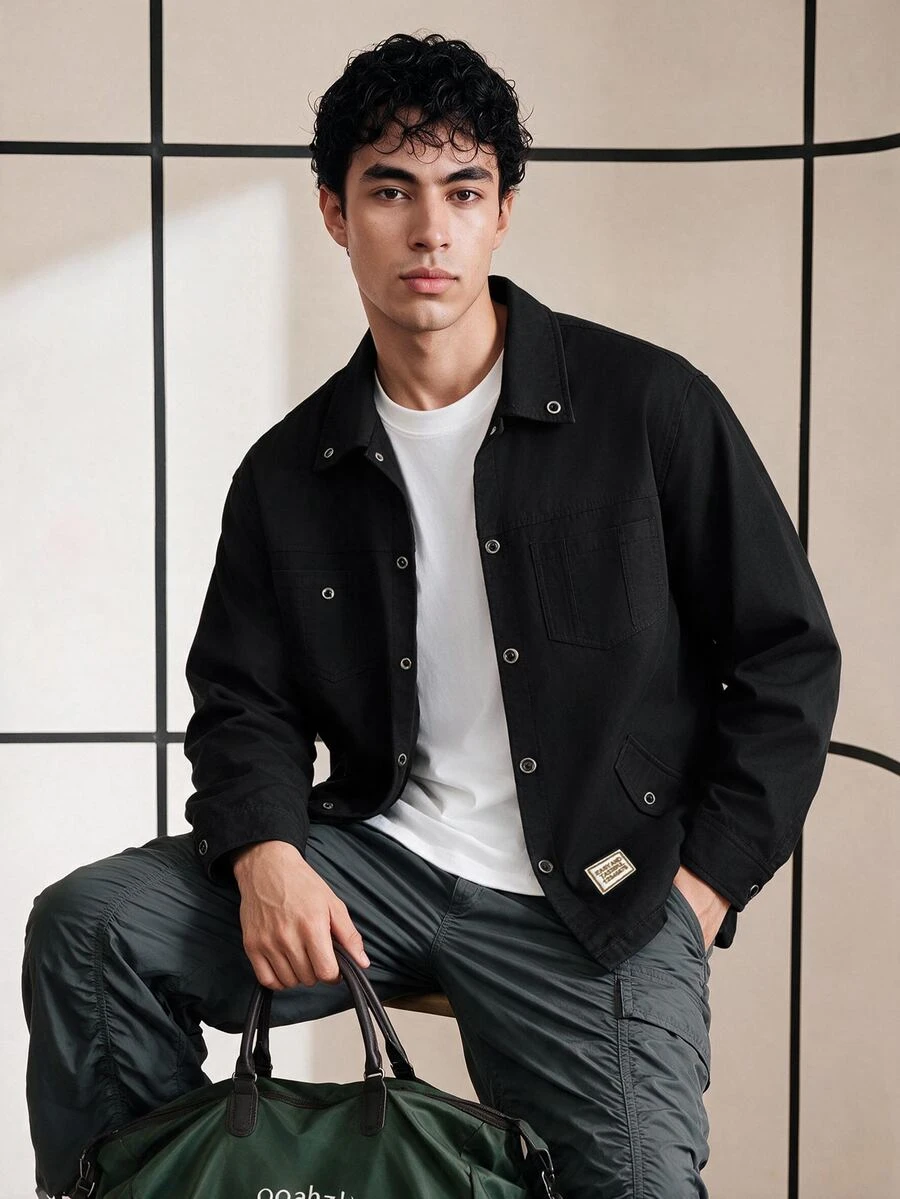 Chillumni Men's Button-Front Long Sleeve Casual Shacket With Letter Patch - Black - View 1