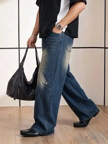 Chillumni Men's Dark Blue Vintage Washed Asymmetric Design Straight Wide-Leg Jeans - Teal Blue - View 3