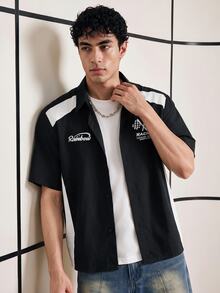 Chillumni Camisa de verano de manga corta y talla grande para hombre con corte amplio y letra impresa, estilo casual - Negro - Ver 3