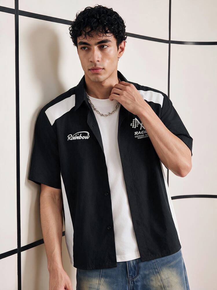 Chillumni Men's Plus Size Summer Casual Loose Fit Letter Printed Short Sleeve Shirt - Black - View 3
