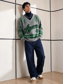 Chillumni Manfinity EMRG Suéter cardigan casual con estampado de telaraña y letras para hombres, ideal para la vuelta al colegio en primavera y otoño - Multicolor - Ver 3
