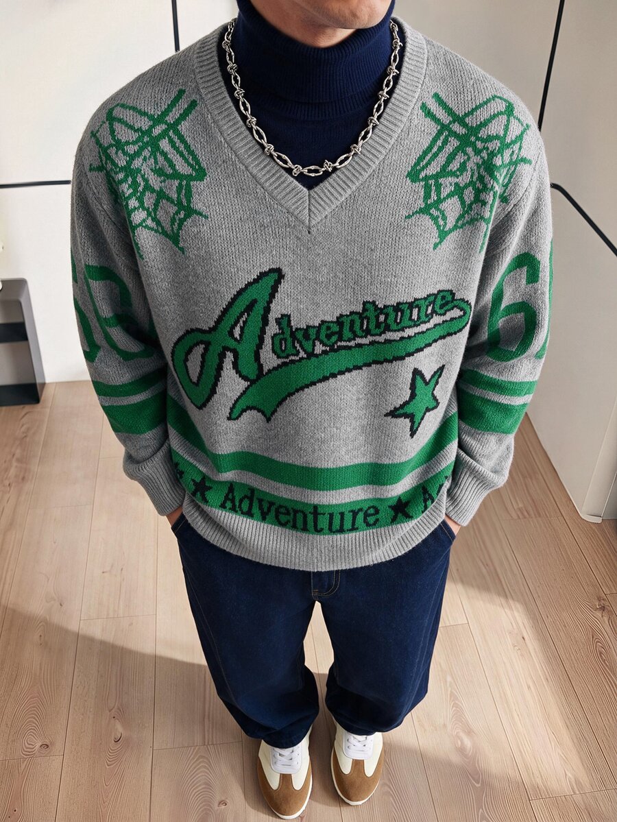Chillumni Manfinity EMRG Suéter cardigan casual con estampado de telaraña y letras para hombres, ideal para la vuelta al colegio en primavera y otoño - Multicolor - Ver 1