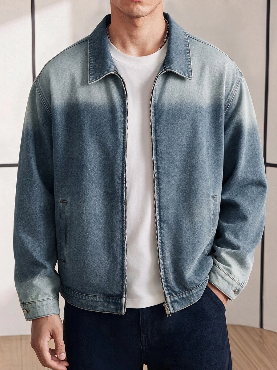 Chillumni Plus Size Men's Vintage Light Blue Denim Zip-Up Jacket - Teal Blue - View 1