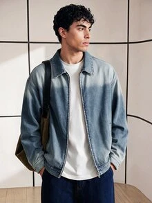 Chillumni Plus Size Men's Vintage Light Blue Denim Zip-Up Jacket - Teal Blue - View 3