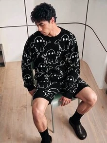 Chillumni Conjunto de suéter de esqueleto de manga larga de cuello redondo con estampado de fantasma de dibujos animados y pantalones cortos de lana para hombres en otoño e invierno, Halloween - Negro - Ver 1