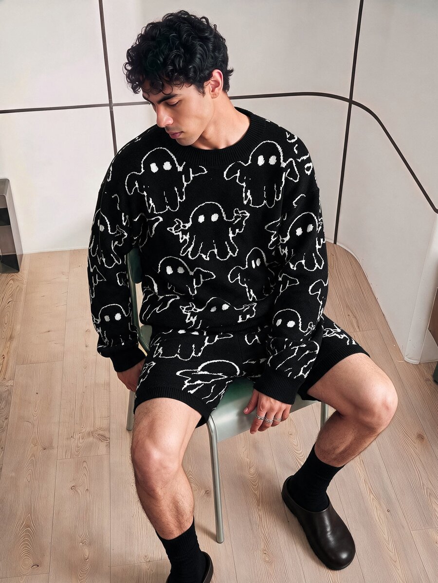 Chillumni Conjunto de suéter de esqueleto de manga larga de cuello redondo con estampado de fantasma de dibujos animados y pantalones cortos de lana para hombres en otoño e invierno, Halloween - Negro - Ver 1