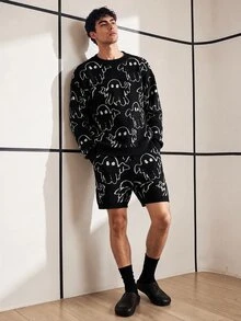 Chillumni Conjunto de suéter de esqueleto de manga larga de cuello redondo con estampado de fantasma de dibujos animados y pantalones cortos de lana para hombres en otoño e invierno, Halloween - Negro - Ver 3