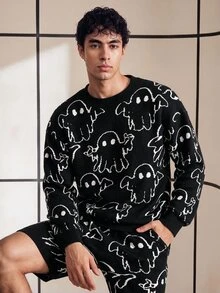 Chillumni Conjunto de suéter de esqueleto de manga larga de cuello redondo con estampado de fantasma de dibujos animados y pantalones cortos de lana para hombres en otoño e invierno, Halloween - Negro - Ver 4