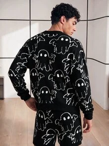 Chillumni Conjunto de suéter de esqueleto de manga larga de cuello redondo con estampado de fantasma de dibujos animados y pantalones cortos de lana para hombres en otoño e invierno, Halloween - Negro - Ver 2