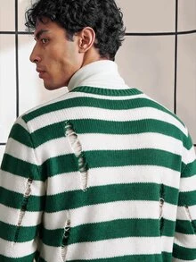 Chillumni Men's Striped Print Ripped Crew Neck Long Sleeve Sweater - Dark Green - View 2