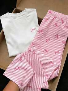 SHEIN Girlism 兒童青少年女孩 2 件套，白色蝴蝶結圖案短袖 T 恤與長褲，休閒 Y2K 可愛時尚百搭日常穿著套裝，粉色夏季 - 粉色 - 查看 3