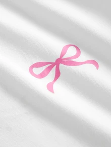 SHEIN Girlism 兒童青少年女孩 2 件套，白色蝴蝶結圖案短袖 T 恤與長褲，休閒 Y2K 可愛時尚百搭日常穿著套裝，粉色夏季 - 粉色 - 查看 5