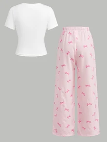 SHEIN Girlism 兒童青少年女孩 2 件套，白色蝴蝶結圖案短袖 T 恤與長褲，休閒 Y2K 可愛時尚百搭日常穿著套裝，粉色夏季 - 粉色 - 查看 2