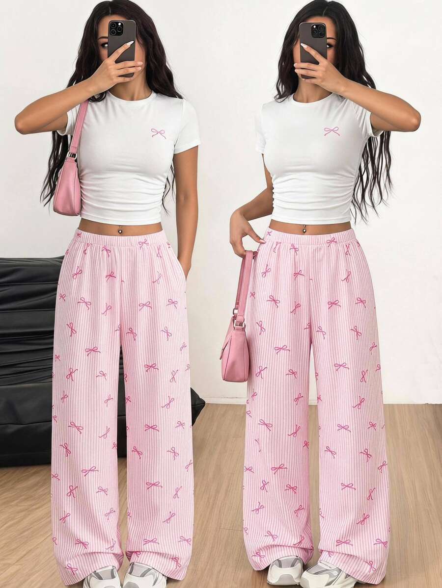 SHEIN Girlism 兒童青少年女孩 2 件套,白色蝴蝶結圖案短袖 T 恤與長褲,休閒 Y2K 可愛時尚百搭日常穿著套裝,粉色夏季 - 粉色 - 查看 1