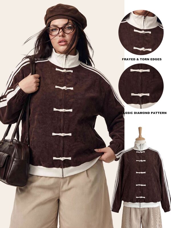 Comfortcana Veste légère à manches longues pour femmes grandes tailles, printemps/été, avec boutons grenouille et rayures contrastées