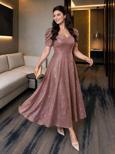 Auveirra Plus Size Women's Pink Elegant Cocktail Party Formal Wedding Guest Dress,Summer Curve Knitted Sweetheart Leg-Of-Mutton Sleeve Midi Dresses