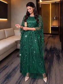 Auveirra Plus Size Elegant Formal Elegant Party Evening Wedding Sequin Embroidered Mesh Dress Dark Green Summer Vacation - Dark Green - View 4
