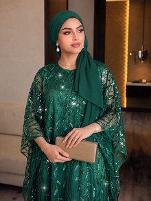 Auveirra Plus Size Elegant Formal Elegant Party Evening Wedding Sequin Embroidered Mesh Dress Dark Green Summer Vacation - Dark Green - View 3